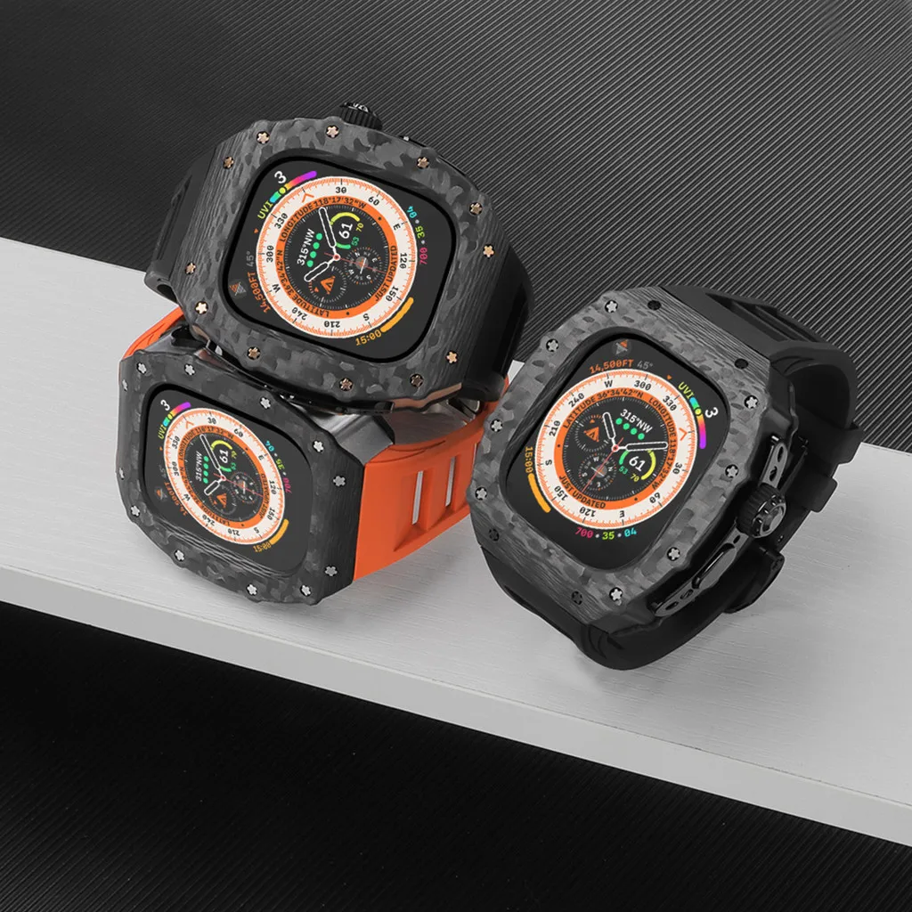 Carbon fiber titanium metal case luxury modification kit rubber strap compatible for Apple Watch Ultra 2 49mm IWatch series 49mm
