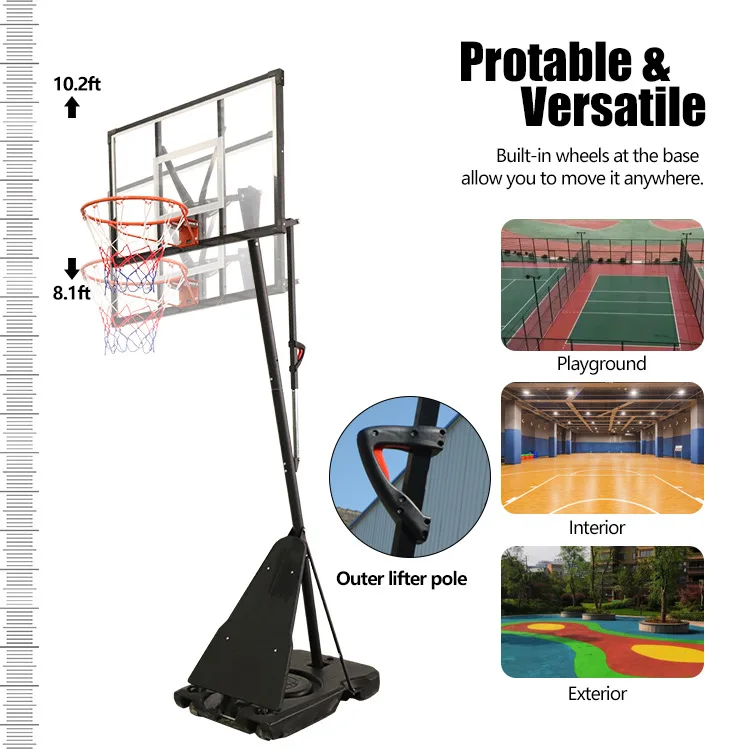 Suporte de basquete portátil adulto de altura ajustável com estrutura de ferro de PVC e aros de equipamento de quadra de rede