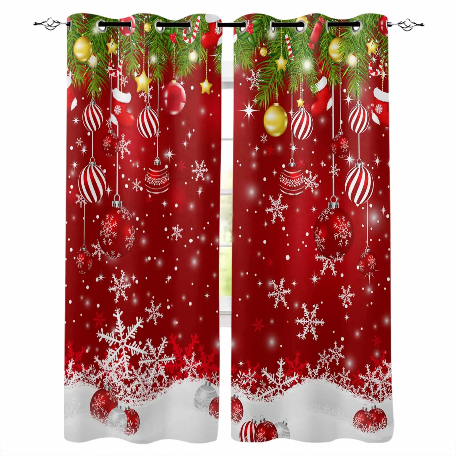 Christmas Balls Snowflakes Pine Branches Curtains for Living Room Bedroom Decorative Window Treatment Drapes Kitchen Curtains