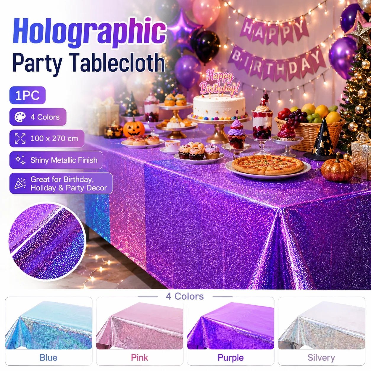 1PC Holographic PET Foil Tablecloth Roll 1x27m Iridescent Birthday Wedding Christmas Party Table Cover