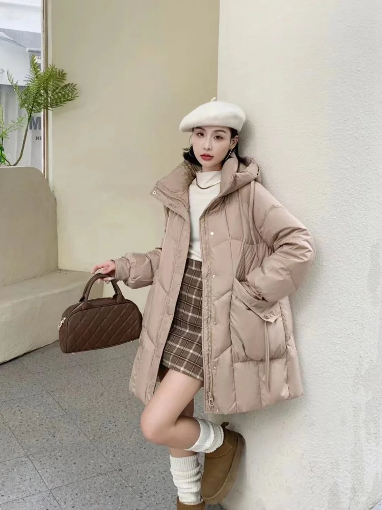 Jaqueta feminina com capuz longo para inverno quente, versão coreana do casaco glamouroso fofo, parka casual fina, novo, 2024