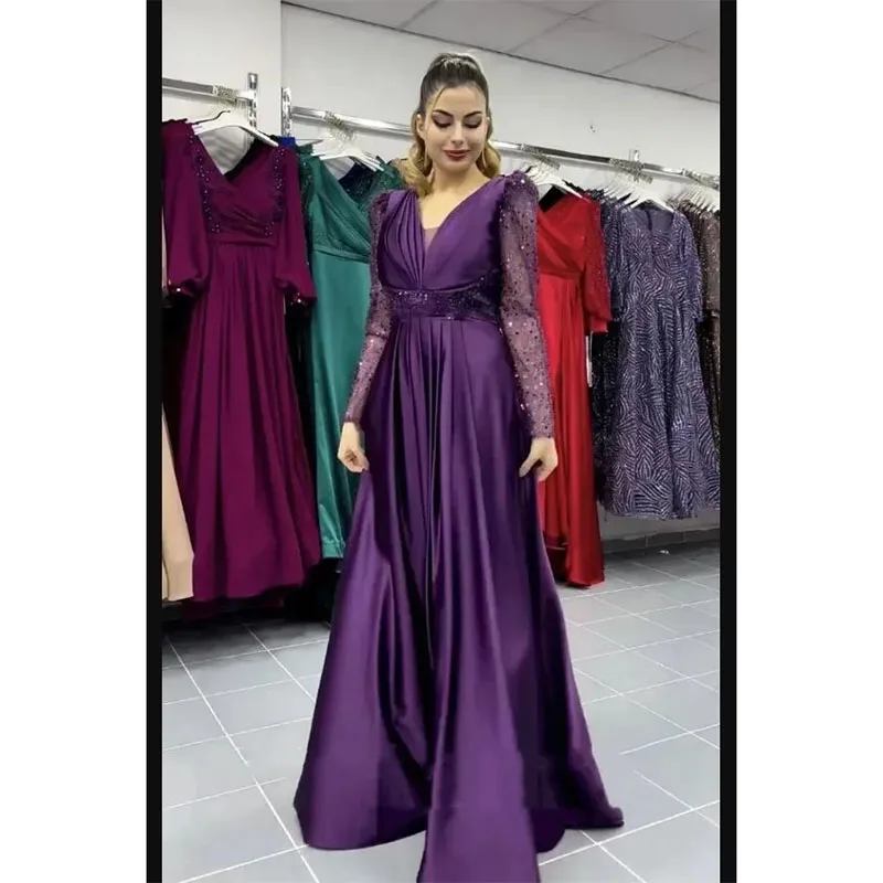 Robe de Soirée Élégante en Satin Violet Foncé pour Femme, Col en V, Manches sulf, Paillettes, Ligne A, Arabe, Dos aux, Bal