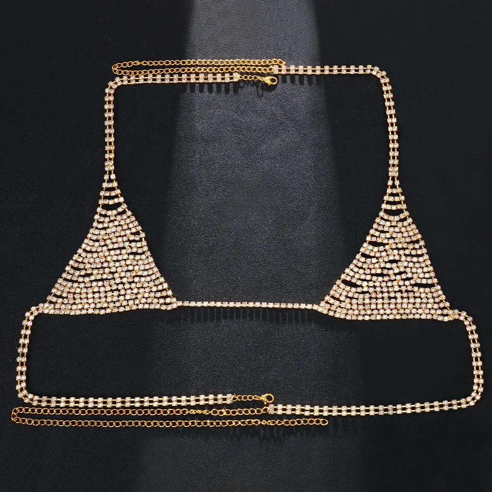 Triangolo alla moda Bikini Strass Catena sul petto Catena da spiaggia sabbiosa Gioielli Imbracatura versatile con strass per scollatura elegante