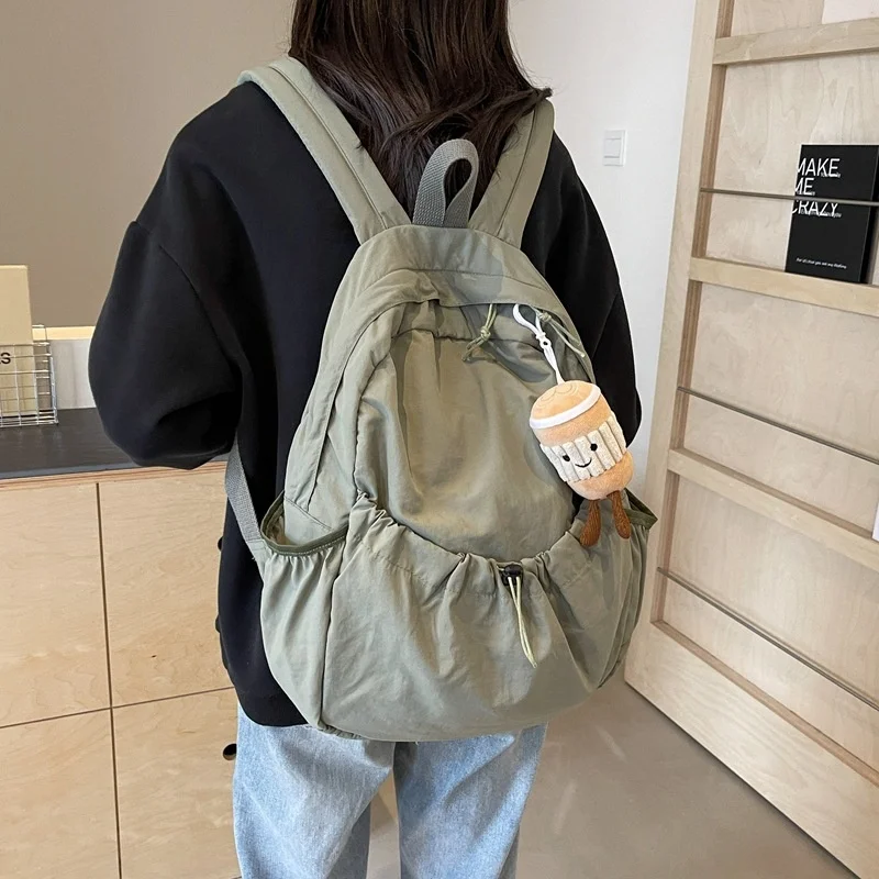 2024 Nylon Large Capaci Travel Backpack Fashion Middle Student Light Weight Pleat Portable Drawstring Schoolbag