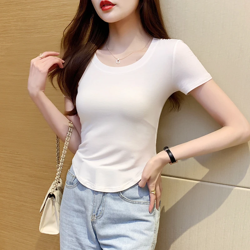 Women's O-Neck Short Sleeve T-Shirt Slim Tops Monochromatic Temperament All-match Clothes Office Lady Simplicity Summer Fashion