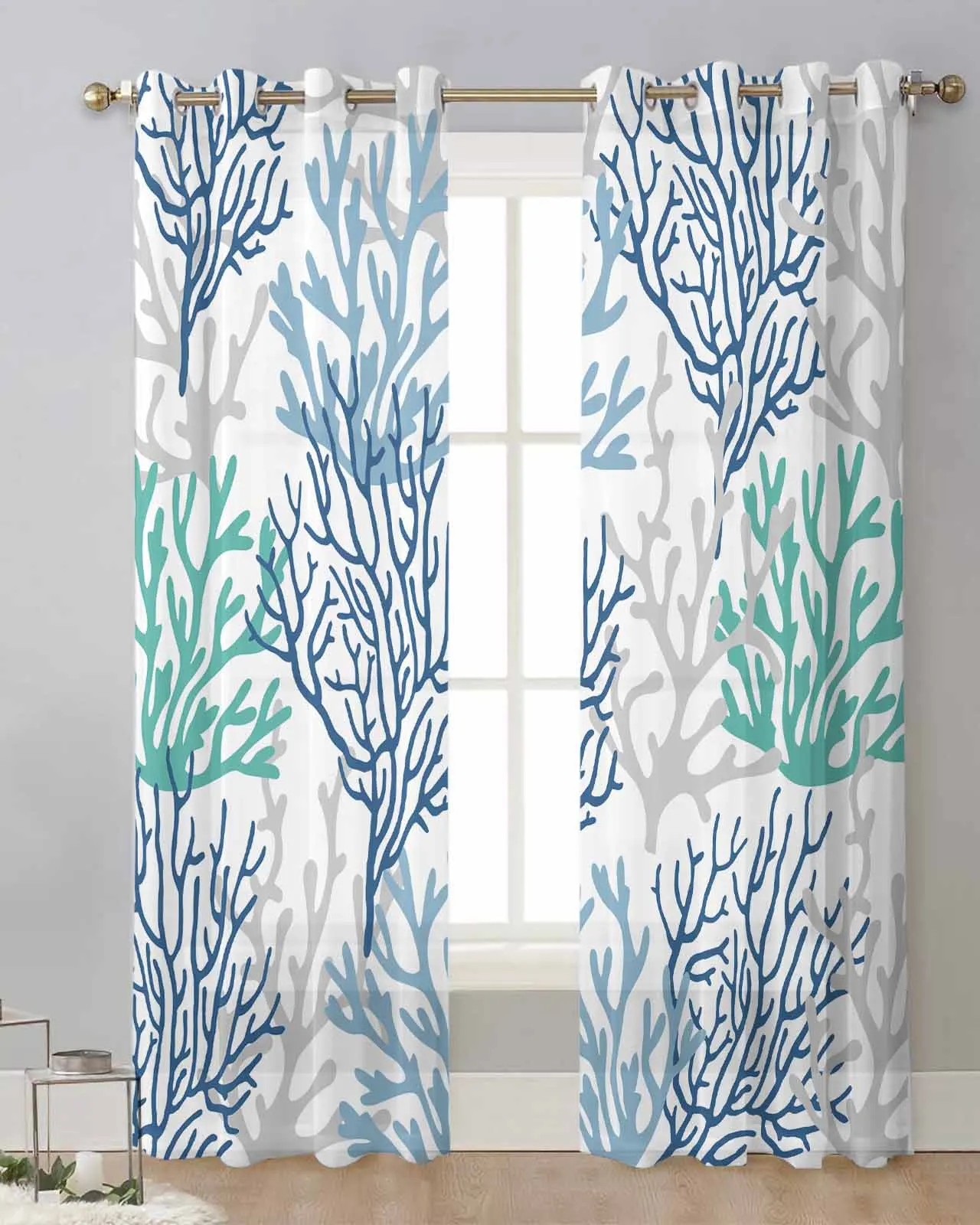 Summer Marine Organisms Coral Blue Duck Green Gray Voile Curtain Window Treatment Drapes Tulle Sheer Curtains for Living Room