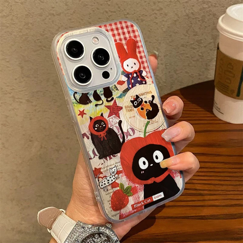 Cute Hat Black Cat Strawberry Phone Case For Samsung Galaxy S26 Ultra S25  S24 S23 S22 Plus A55 A36 A54 A56 Hard Feather Cover