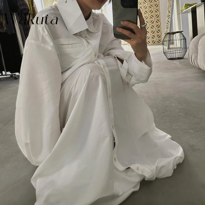 

WAKUTA Japanese Style Artistic Retro Collar Long Sleeve Design Shirt Robe Fashion Loose Vacation Style Dresses Summer Streetwear