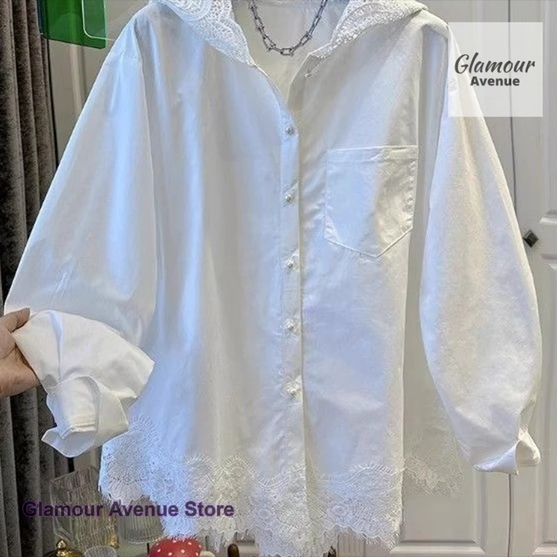 

French temperament hooded lace stitching French shirt long sleeve women's spring and autumn new fashion design casual loose top.