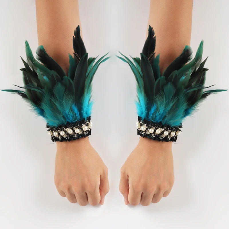 Puños de plumas de gallo naturales para mujer, muñequeras desmontables, calentador de brazos, accesorios góticos para fiesta Rave, manchette de