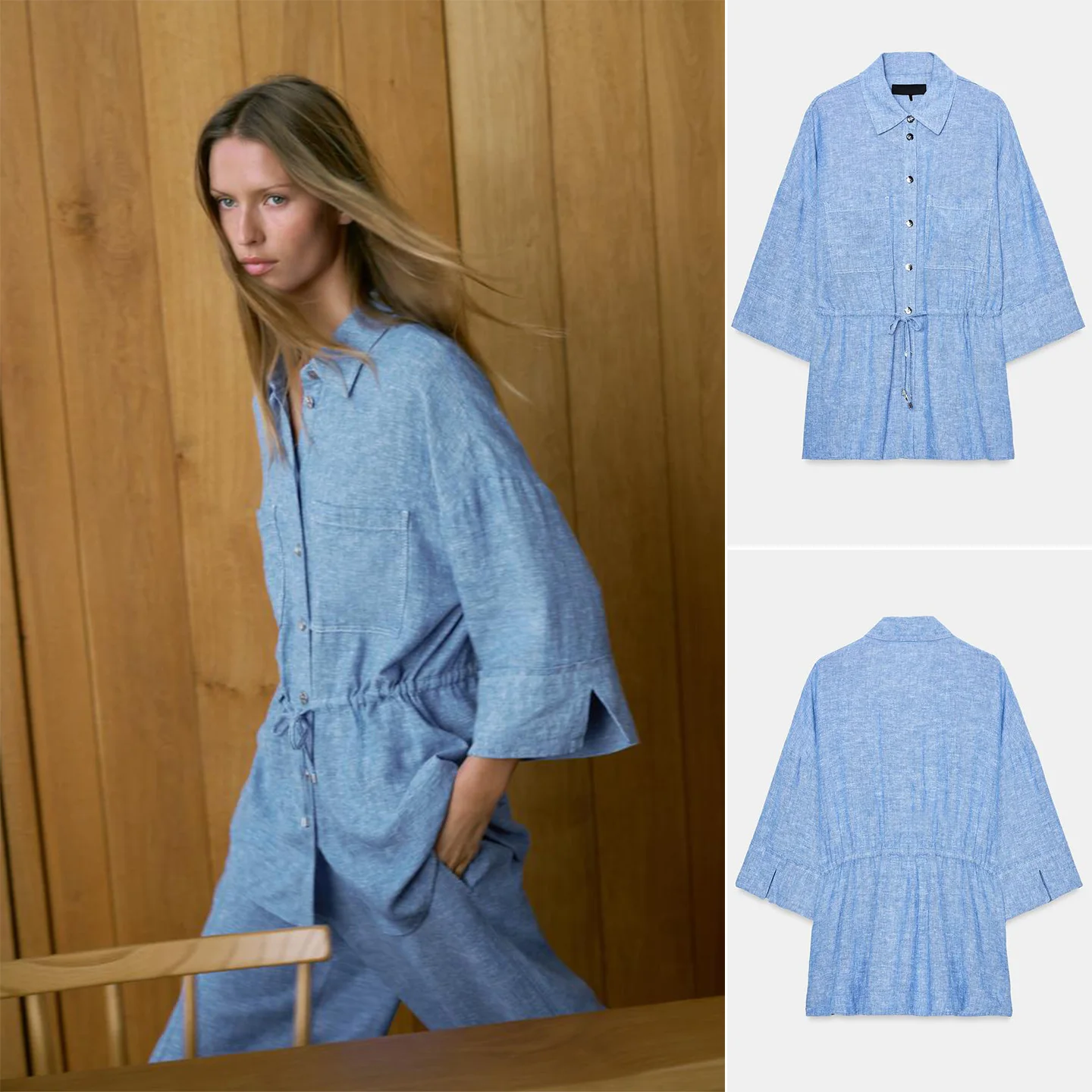 

Spring New Women's Shirt Single Button Turn-down Collar Elbow-length Sleeve Side Slit Adjustable Waist Loose Fit Casual Style