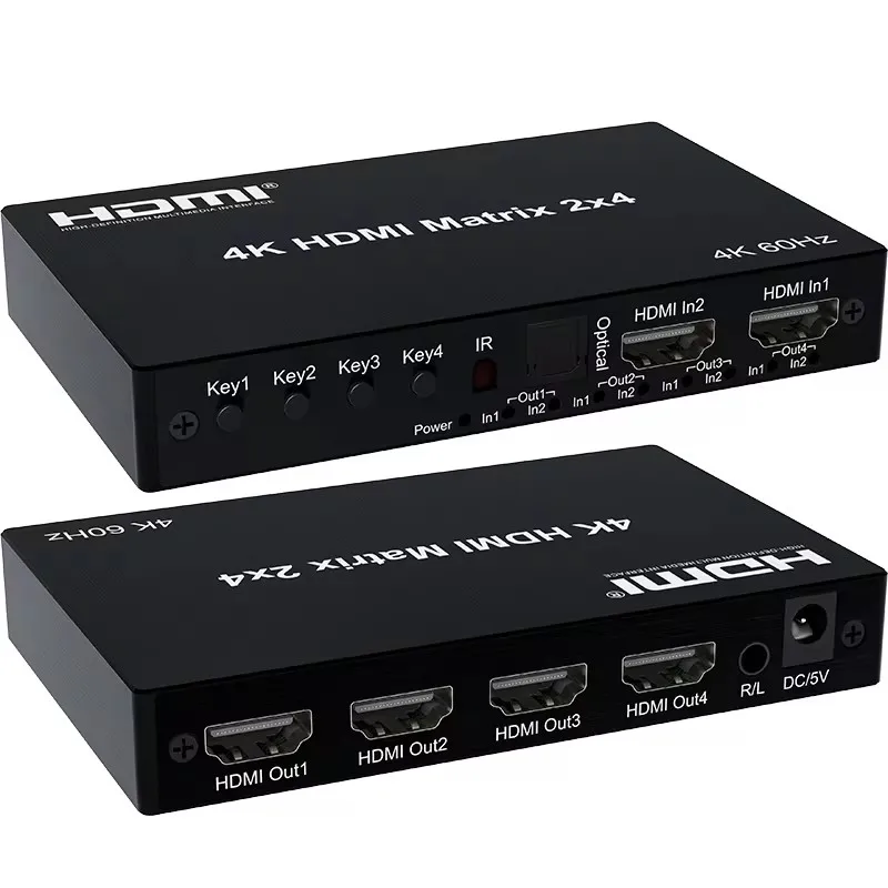 4K HDMI True Matrix Switch 2x4 4x2 2x2 Matrix HDMI Video Switcher Splitter 2 In 4 out with Optical & R/L Audio Extractor HDCP2.2