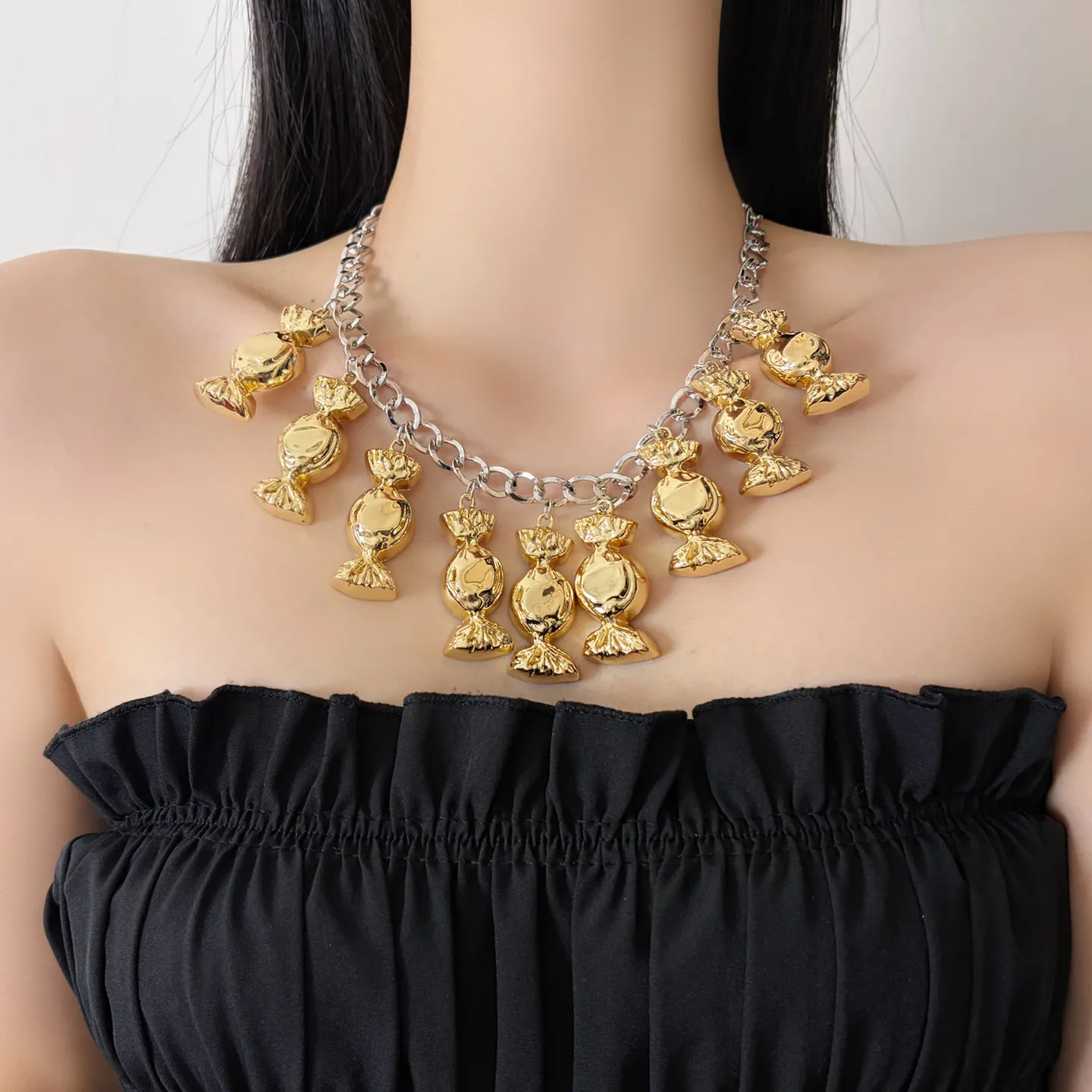 Multi Candy Charms Chunky Link Chain Necklace Vintage Sweet Edgy Style Female Daily Banquet Fashion Accessory