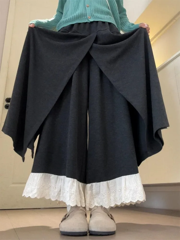 American Style Lace Trim Wide Leg Pants Women's Autumn Winter High Waist Slimming Casual Woolen Skirt Pants Youth Ladies