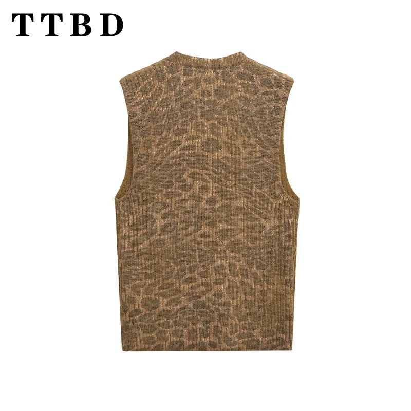 TTBD 2024 New Autumn Woman's Casual LEOPARD Print Screw Thread Sweater Gilet Female Fashion Knit Sleeveless O-Collar Top Vest