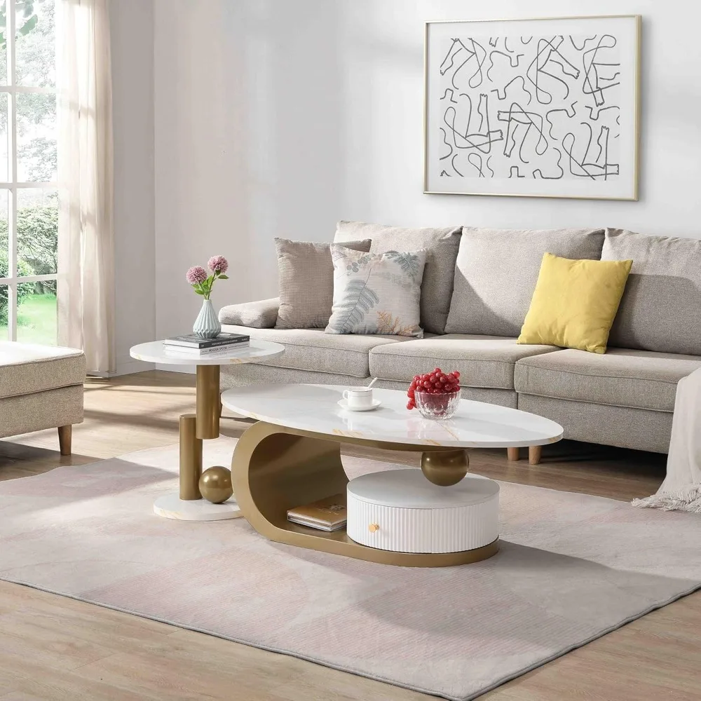 Oval Nesting Coffee Table Set of 2 Faux Marble Golden Round End Table Modern Living Room Table Large 47Inch Coffee