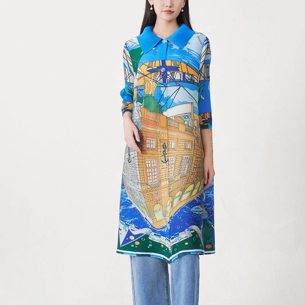 

2025 Autumn New Pleated Dress Women Lapel Retro Print Loose Oversized Single Breasted Cardigan Dress Fashion Casual Design