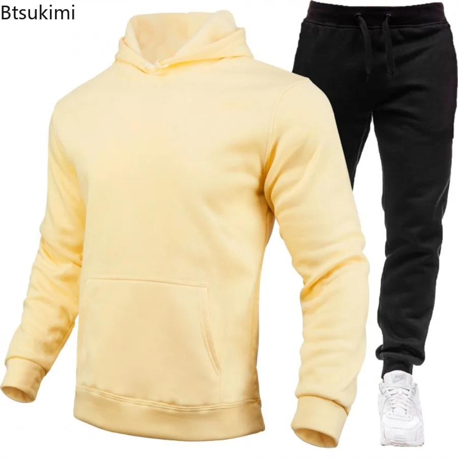Men's Sports Suit Solid Color Casual Pullover Sweatshirt Long Pants Two-piece Set Spring Autumn Fleece Male Hooded Sweatshirt