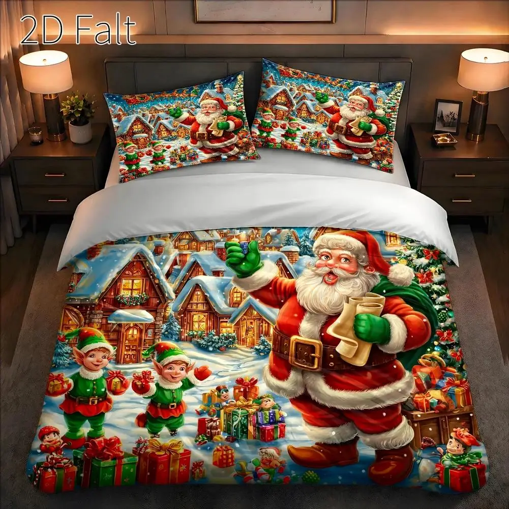 3Pc Santa Claus Gift-Giving Christmas Duvet Cover Set, Three-Piece Bed Set (1*Duvet Cover + 2*Pillowcases), Suitable for All Seasons, Machine Washable, Invisible Zipper Design, Large Double Bed Cover Set, Suitable for Home, Dormitory, Master Bedroom, Guest Room, Personalized Cool Motorcycle Skull Pattern Bedding Set, Bedroom Decoration Three-Piece Bedding Set 2D Flat Print