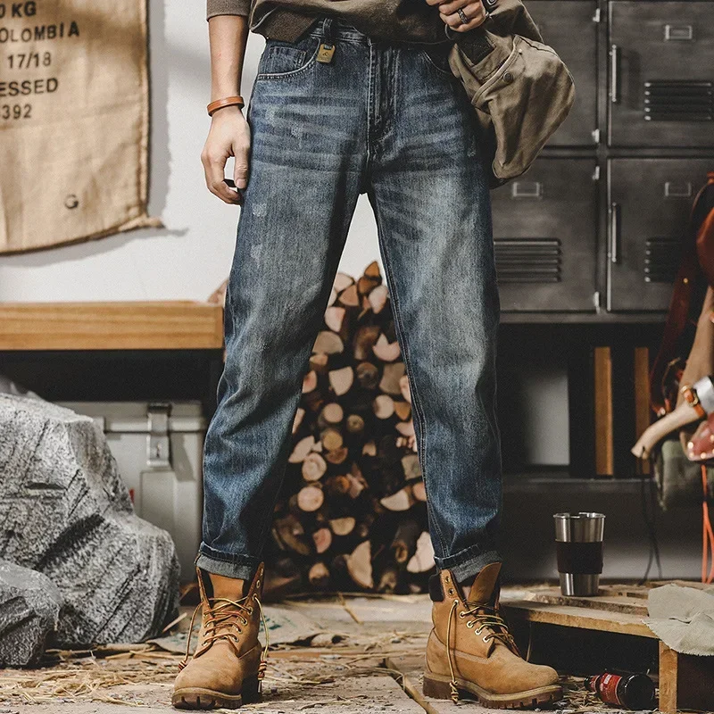 

Jeans Men Straight Trousers Denim Pants Long Pant Hole Casual Regular Splice Button Pocket High Waist Simple Autumn 2024