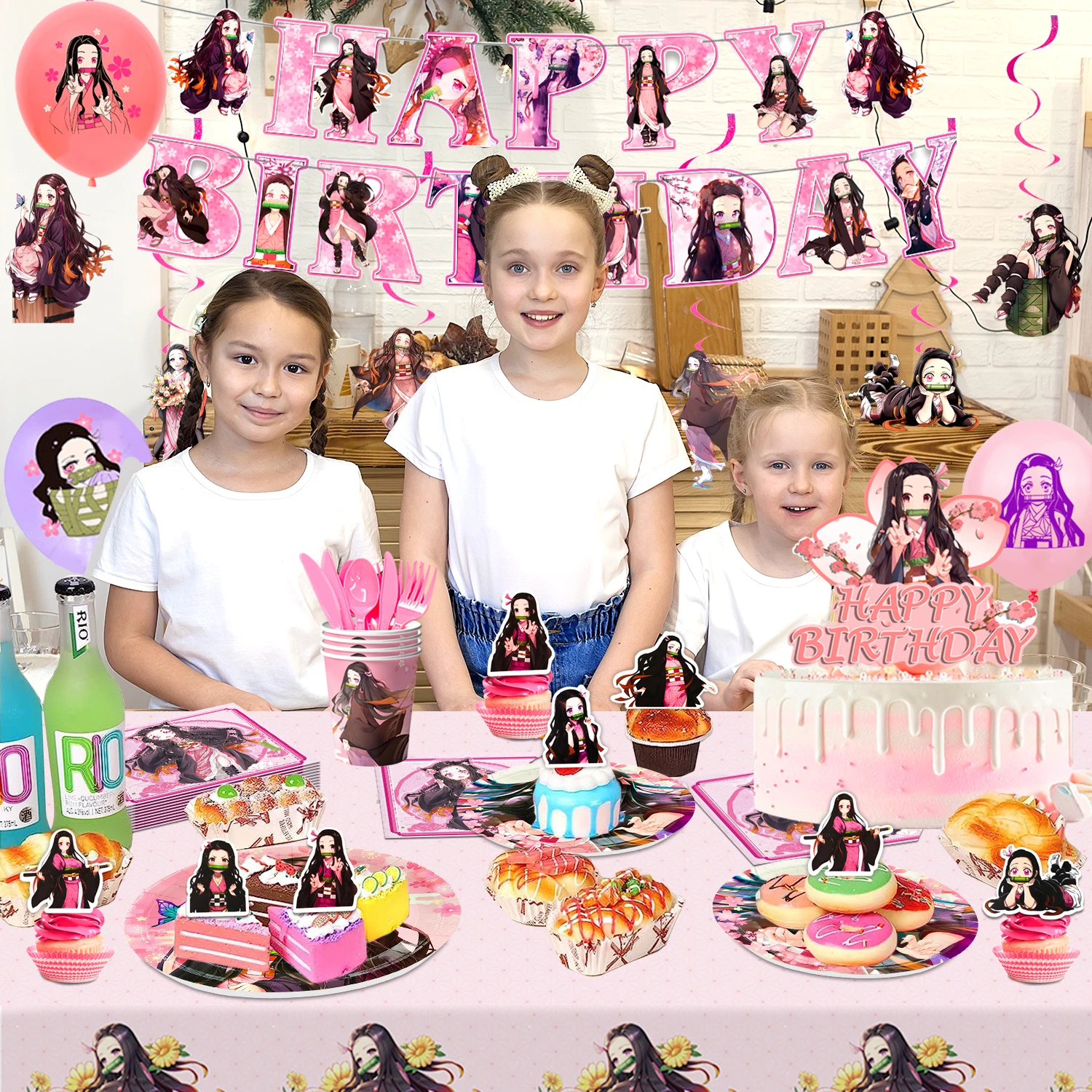 زينة عيد ميلاد Nezuko، 117 قطعة من الزينة ومجموعة أدوات المائدة للحفلات من Nezuko - أطباق للحفلات ومفرش المائدة والبالونات العلوية للكعك #4