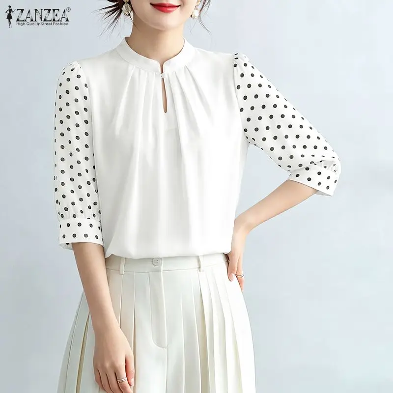 ZANZEA, blusas elegantes para mujer, blusas con lunares de primavera, mangas abullonadas 3/4, blusas con cuello alto, blusas informales de verano para uso diario, Blusas de Mujer