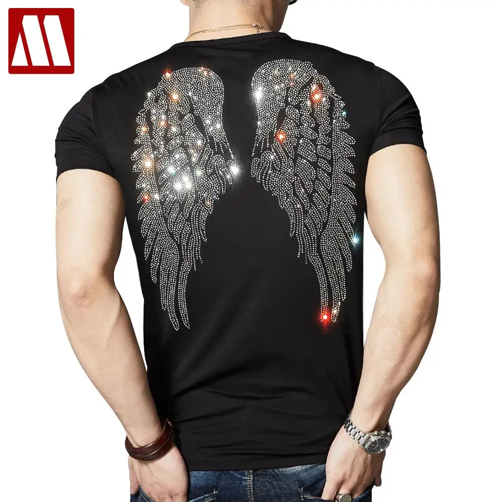 Rhinestone Wings Men\'s T-shirt Short Sleeve 2024 Summer Heavy Industry Hot Drill Social Tops Tees Male Clothing Unisex Tshirts