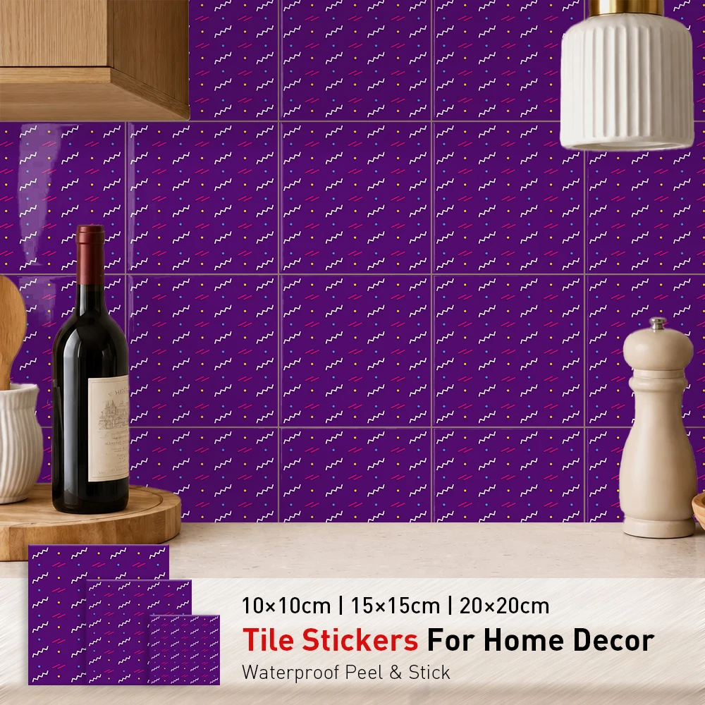 Purple Memphis Geometric Self‑Adhesive Tile Stickers, Retro Abstract Graphic Wall Decals for Kitchen Bathroom Home Decor