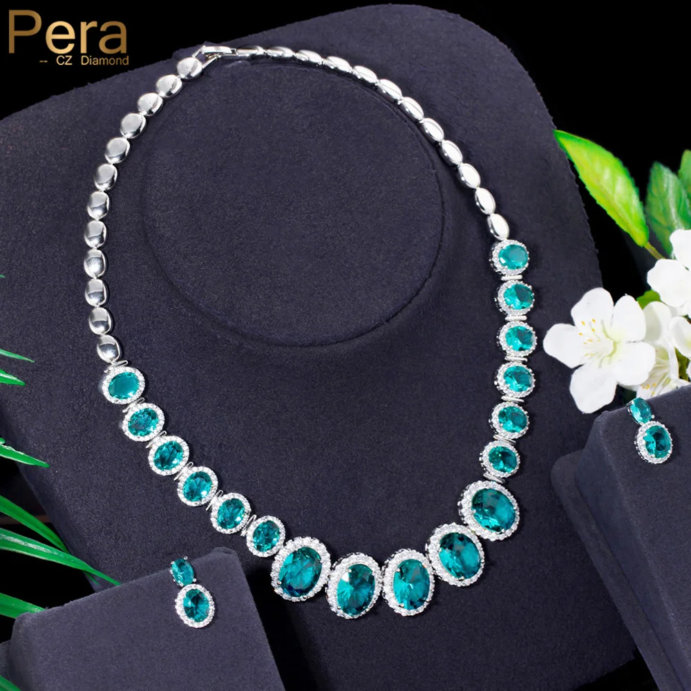 

Pera Dazzling Light Blue Oval CZ Chain Link Choker Necklace and Earrings Set Wedding Party for Women Cubic Zirconia Jewelry J527