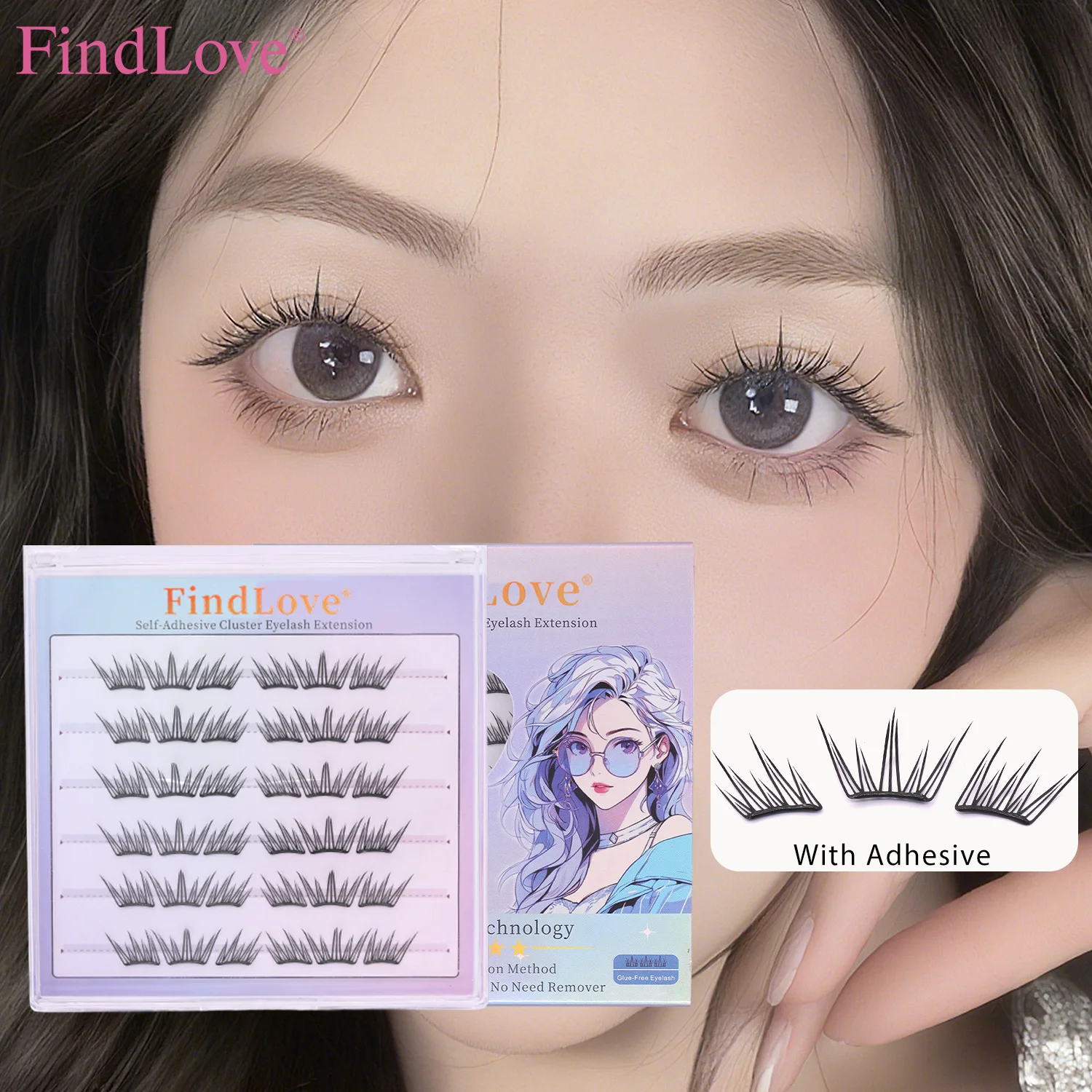 36Cluster FindLove Cils pré-collés Courbe C Effet œil de chat, Cils postiches vaporeux et volumineux, Extensions de cils naturelles douces sans colle
