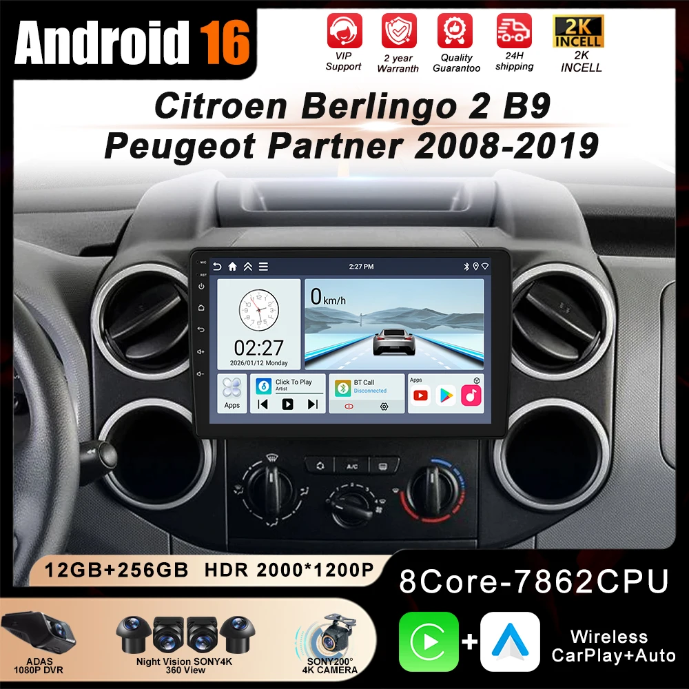 Radio para Auto 4G+WIFI Android 16 Carplay para Citroen Berlingo para Peugeot Partner 2008 - 2019 Navegación GPS Reproductor Multimedia para Auto