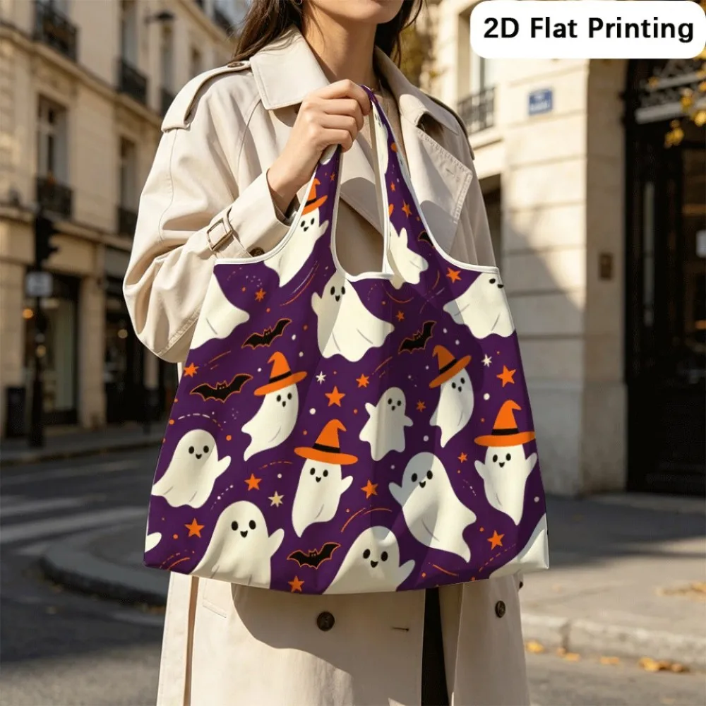 Purple Cute Ghost Water‑resistant foldable tote, convertible shoulder bag for trips.
