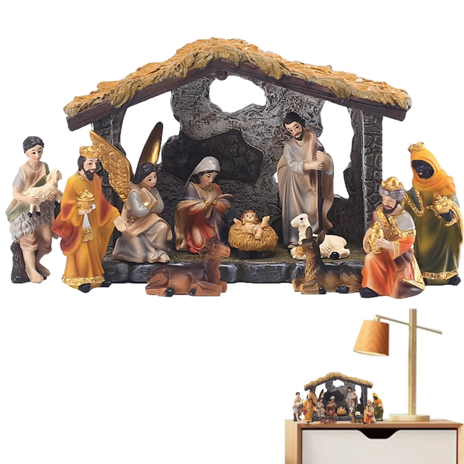 Christmas Manger Nativity Set Tabletop Nativity Statue Ornament 12Pcs Resin Nativity Crib Figurines Festive Nativity Figurine