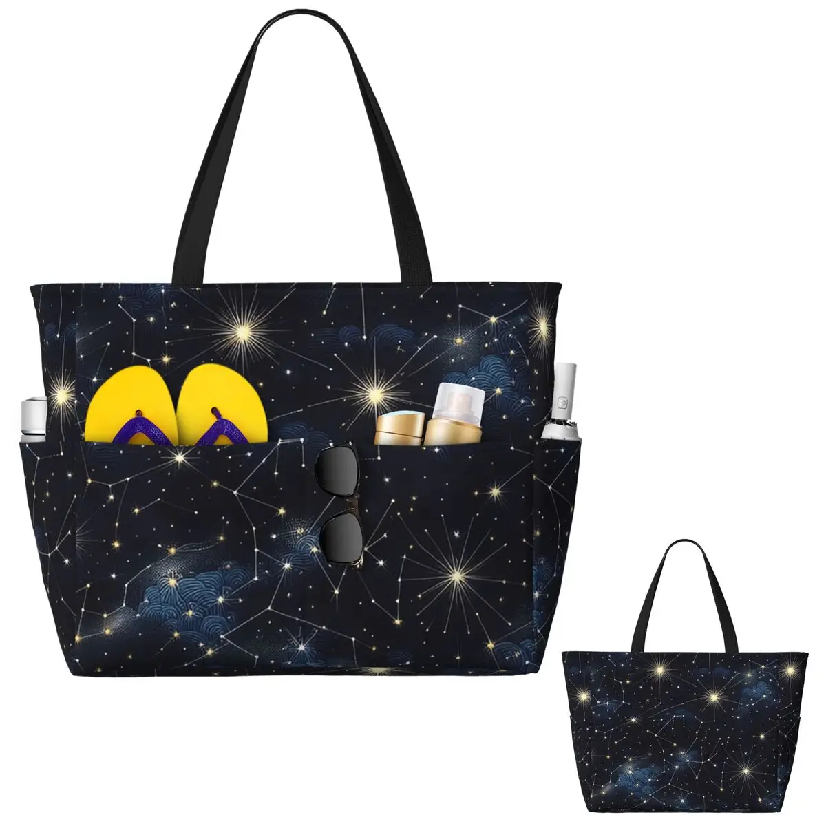 Night Sky Golden Celestial Stars Zodiac Constellations Beach Tote Bag Sport Gym Yoga Large Tote Bag Women Travel Bag Fitness bag