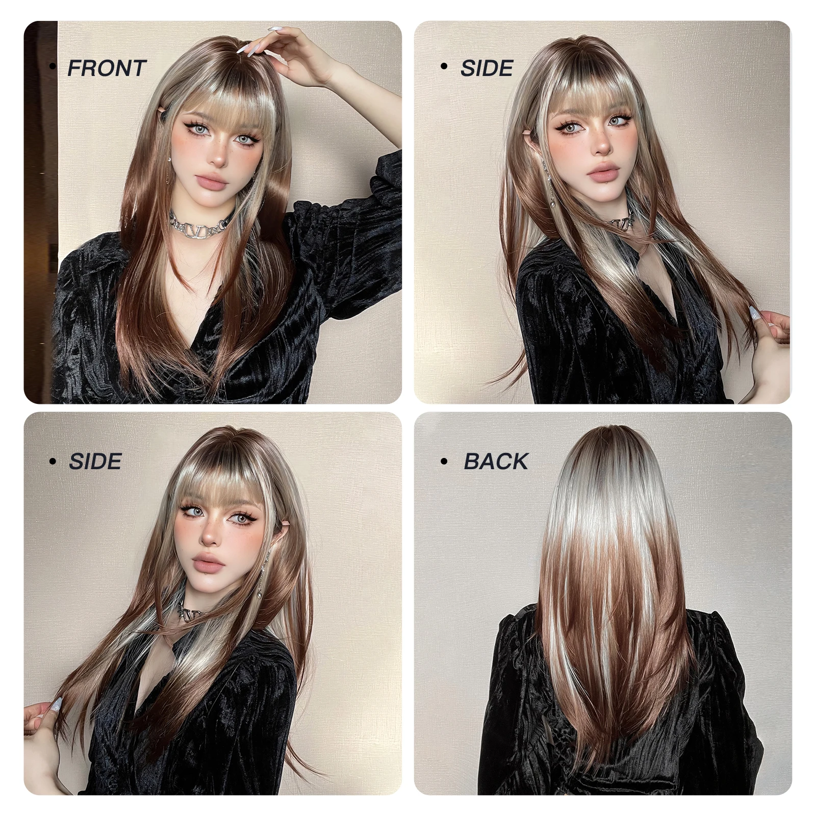 EASIHAIR Long Straight Layered Wigs with Bangs Ombre Blonde Brown Silky Synthetic Hair for Women Daily Party Wigs Heat Resistant