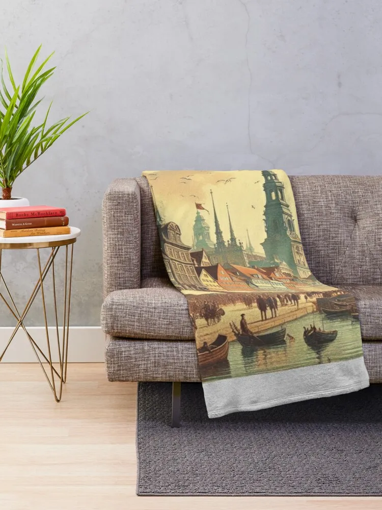 A Vintage Illustration of Copenhagen, Denmark Throw Blanket sofa bed Single Blankets