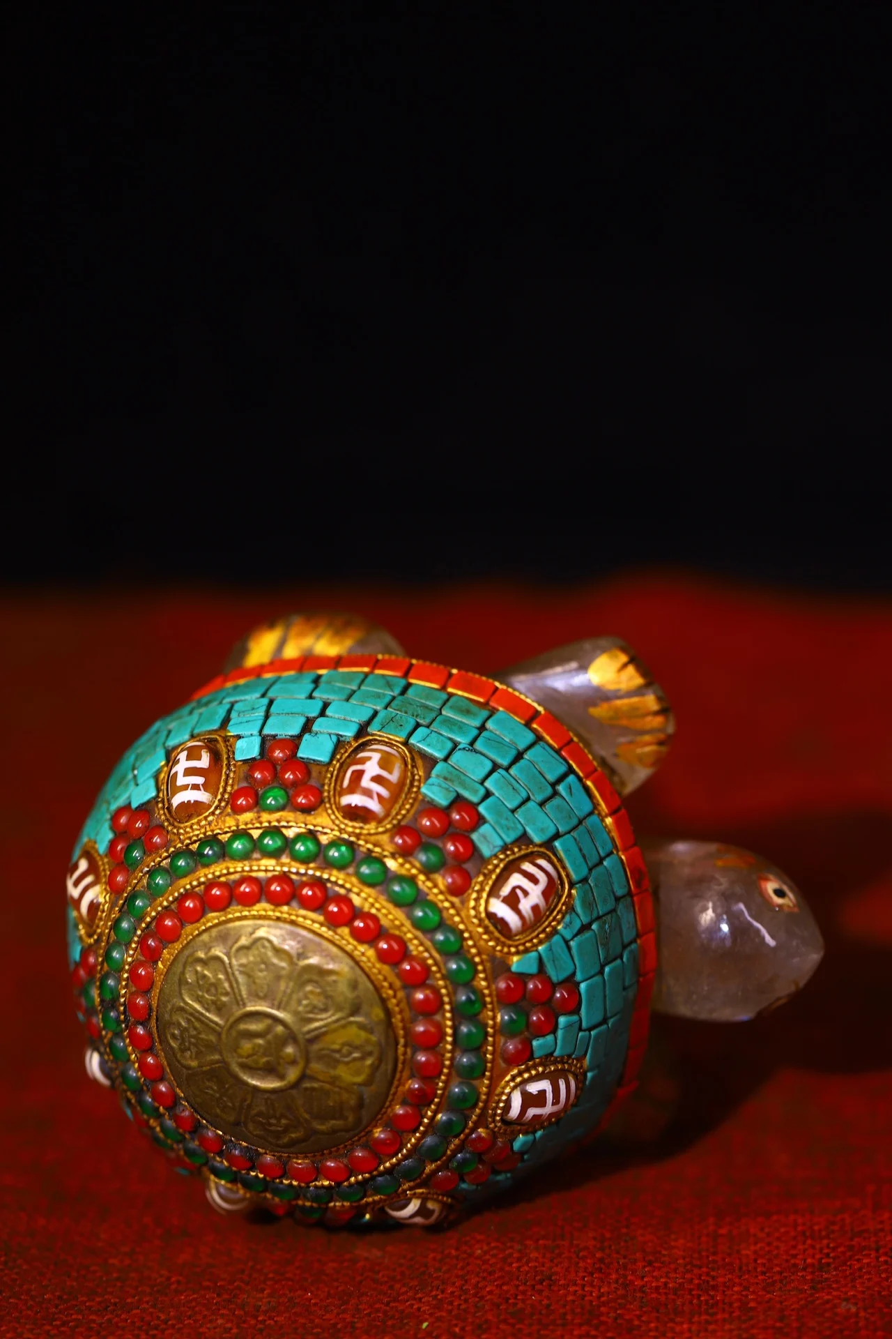 5”Natural Crystal Mosaic Gem gZi Beads Six character mantra Turtle Statue Pendant Worship Hall Town house
