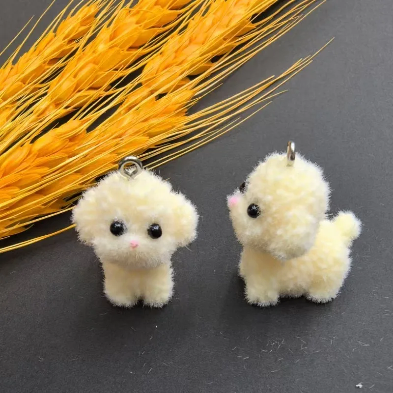 30Pcs 3D kawaii Flocking Dog Doll Charms Cartoon Animal Plush Resin pendant phone Keychain Necklace Bag Earring DlY Jewelry Make