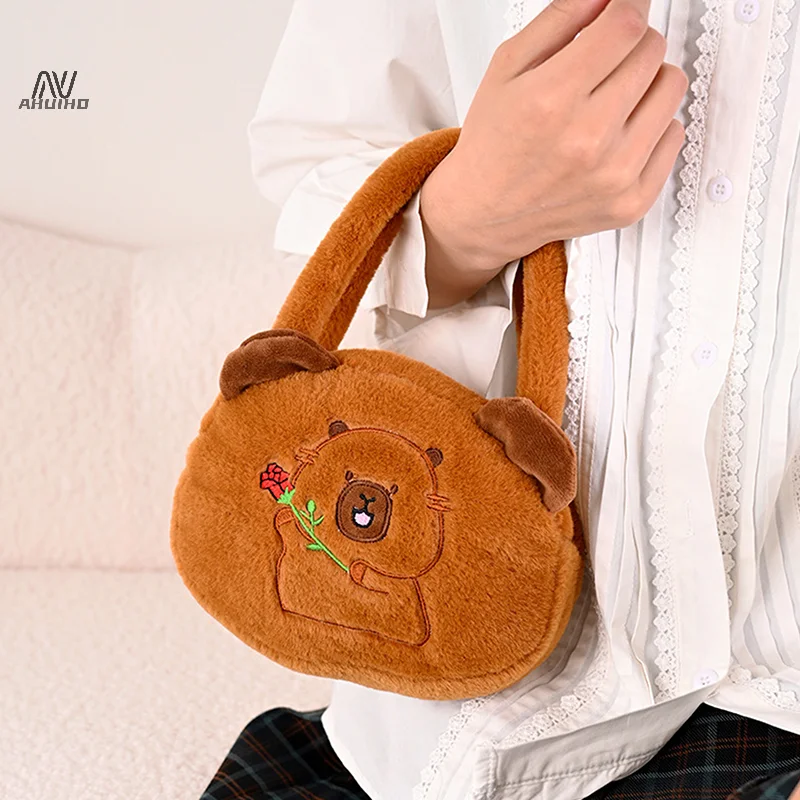 Kawaii Capybara Plush Handbag Cute Cartoon Stuffed Animal Hand Coin Purse Pouch Small Tote Bag For Girl Gifts