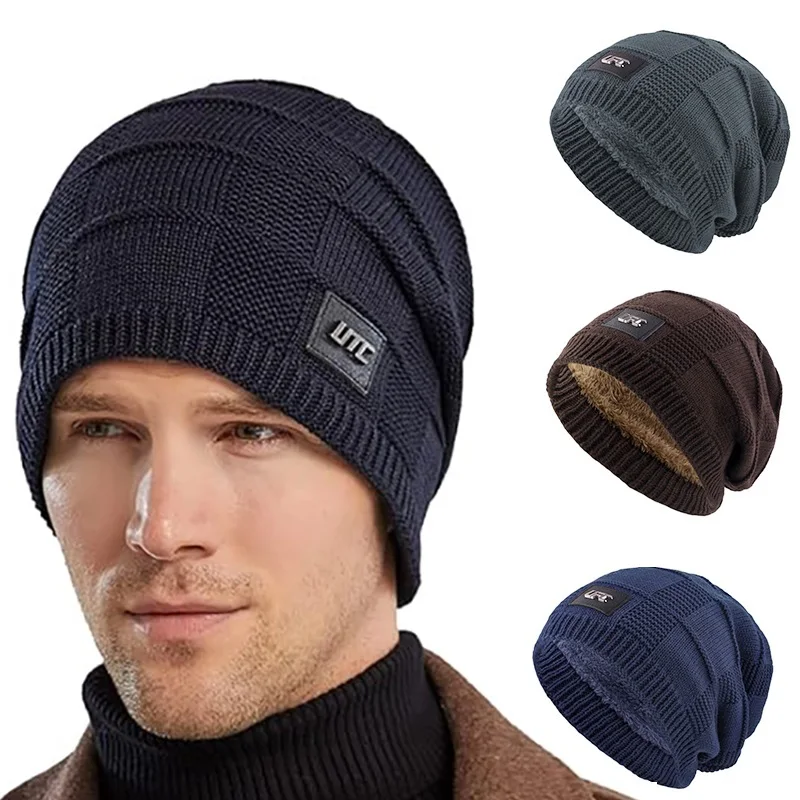 New Winter Warm Hat Men\'s Outdoor Wool Knitted Cap Plus Fleece Beanie Label Casual Knitted Hat Outdoor Windproof Warm Skull Cap