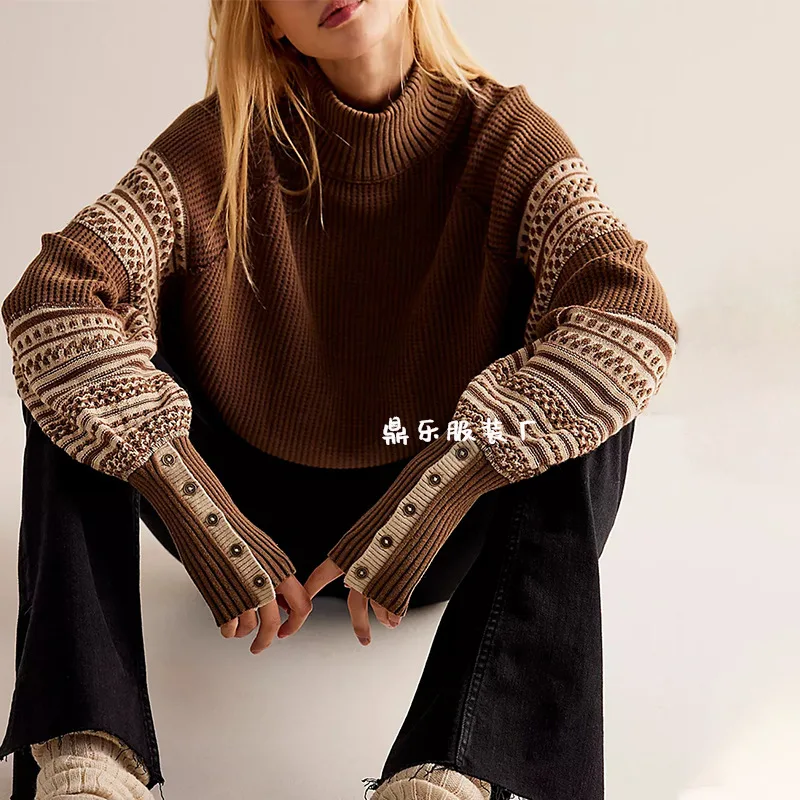 Women's Autumn Winter Knitted Color-block Half High Collar Sweater Pullover