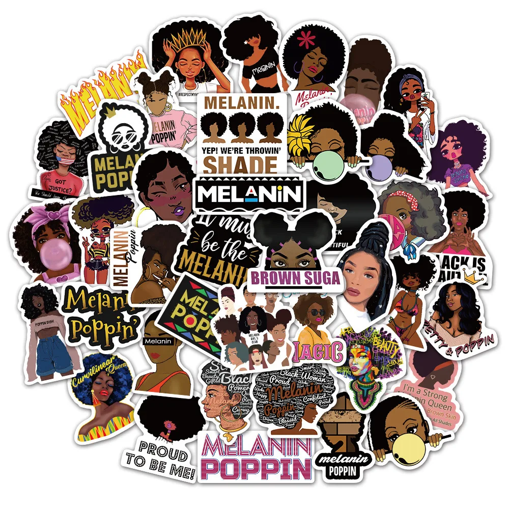 10/30/50PCS Pop Black Skin Girl Melanin Stickers DIY Phone Laptop Luggage Skateboard Waterproof Graffiti Decals Fun for Kid Toys