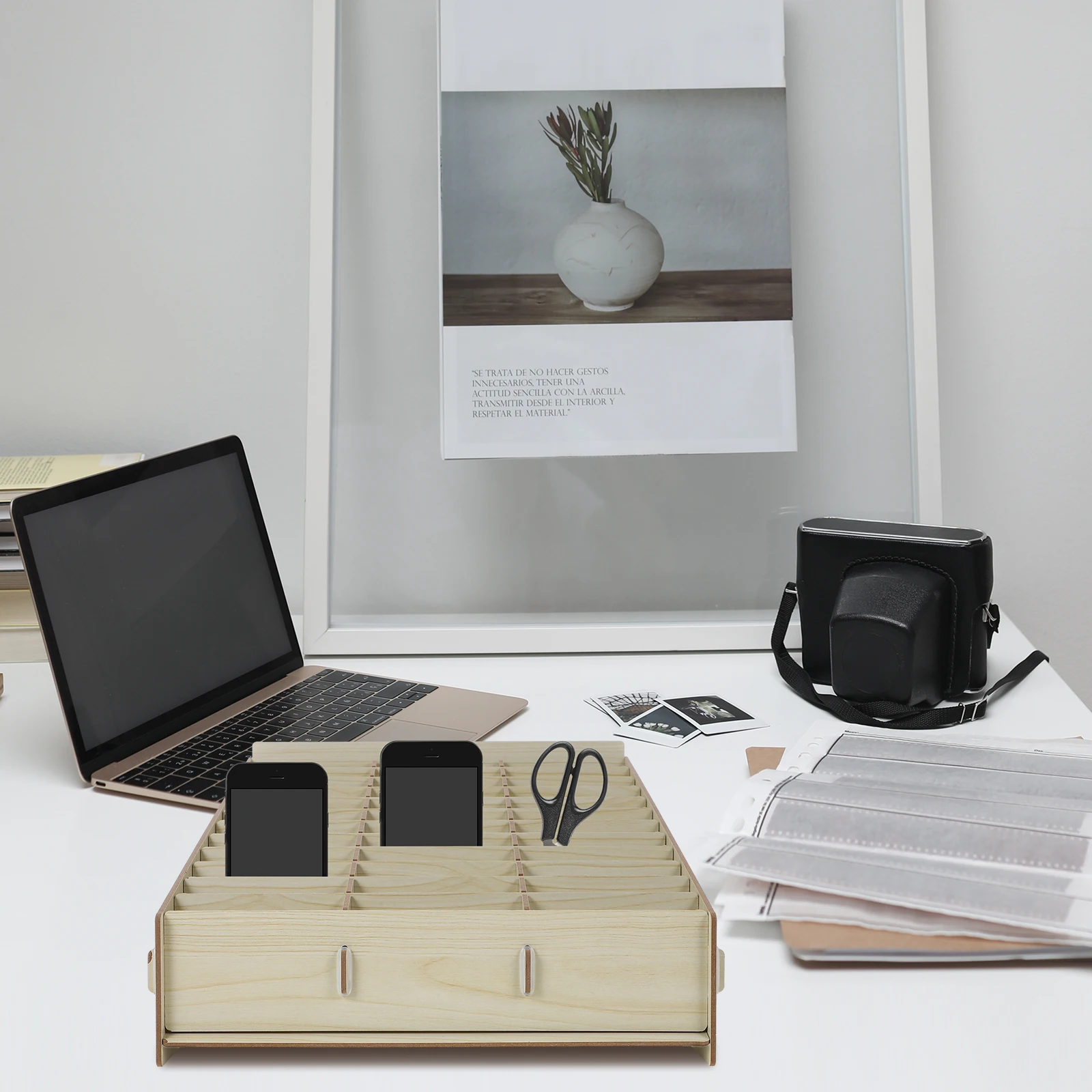 Scatola di immagazzinaggio in legno fai-da-te 32,6x20x17,5 cm Scrivania ganizer Porta cellulare per aula 24 sezioni Contenitore per telefono in legno Contenitore