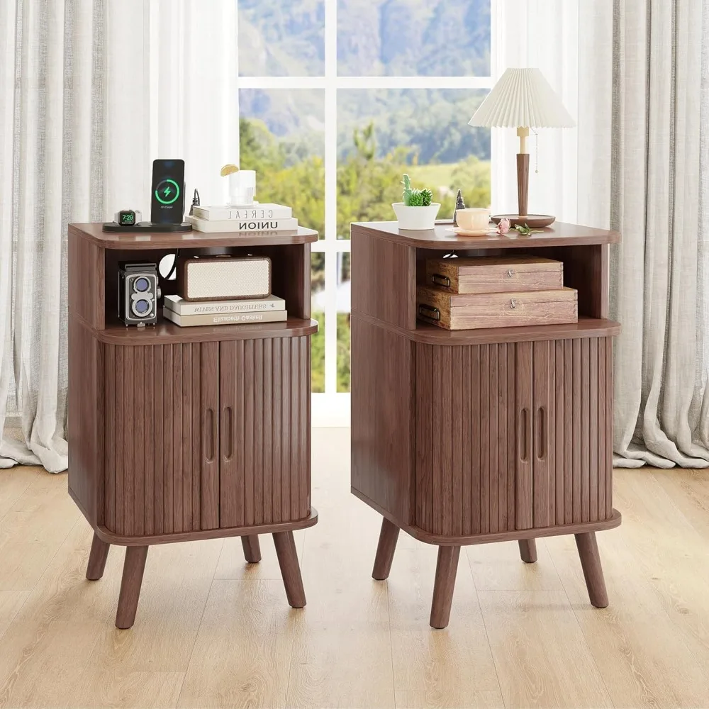

End Table Set with Charging Station, Mid Century Modern Fluted Nightstands with Sliding Tambour Doors, Curved Accent Wood Side
