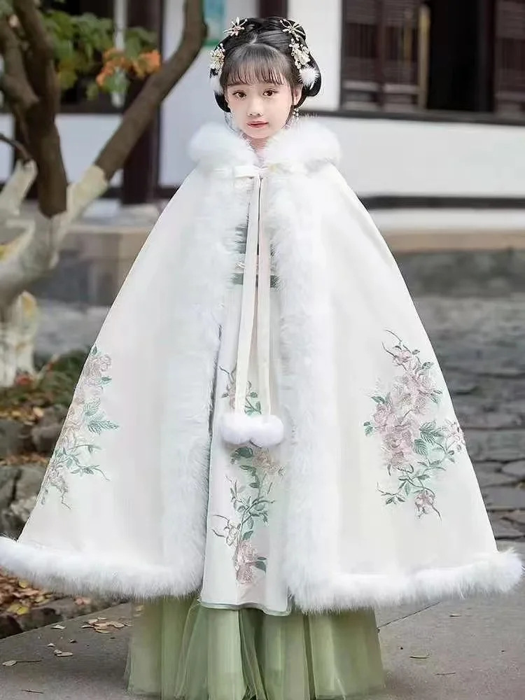 

Classic Girls Winter Hanfu Cloak Thicken Velvet Traditional Chinese Long Robe Fairy Kids New Year Party Event Tang Costume Cape