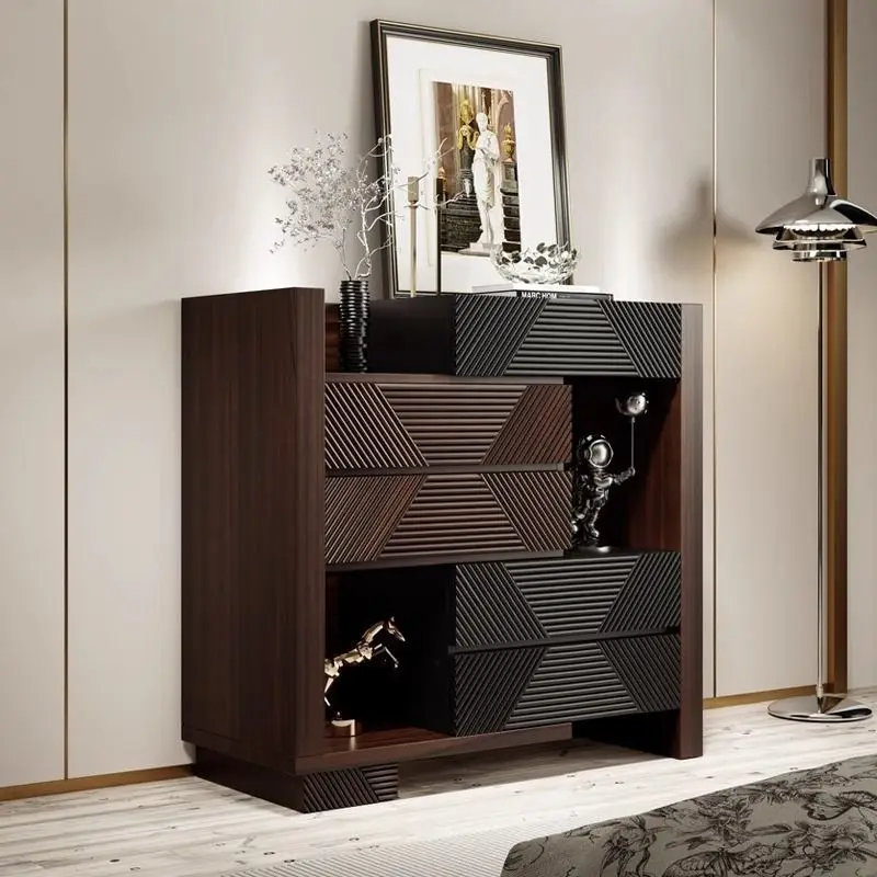 DSA Light Luxury Vintage Style Solid Wood Five-Drawer Cabinet, Bedroom Side Cabinet, Telescopic Adjustable Entryway Solid Wood