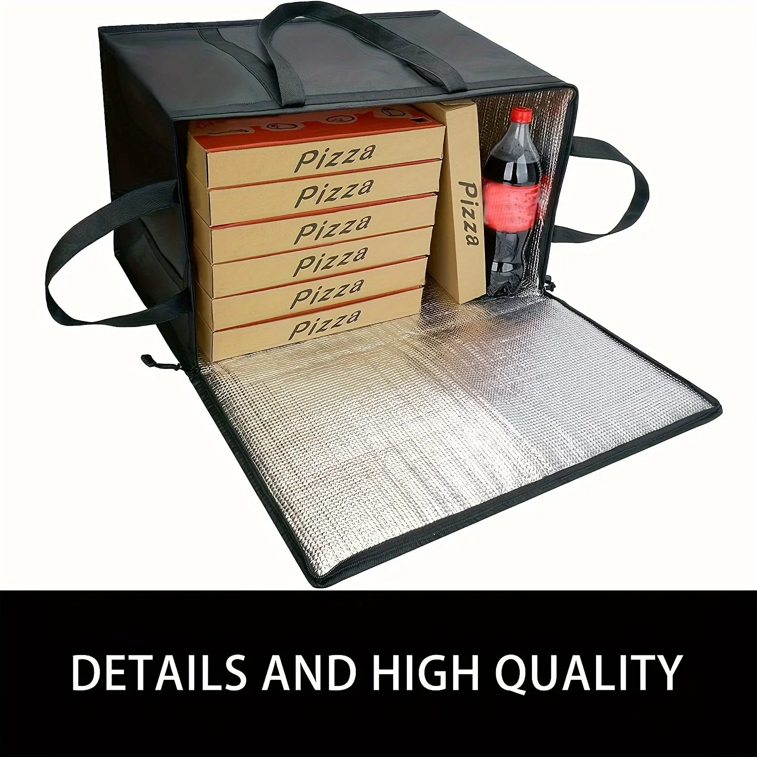 1pc Black Large  (23 X 14 X 15 Inches) Reusable Foldable Insulated Food Bag, Food Delivery Bag, Pizza Takeout Bag, Zipped Zipper