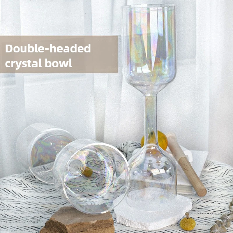 Segurar tigela de canto de cristal transparente de duas cabeças sagrado graal terapia de som yoga meditação instrumento de percussão ornamento