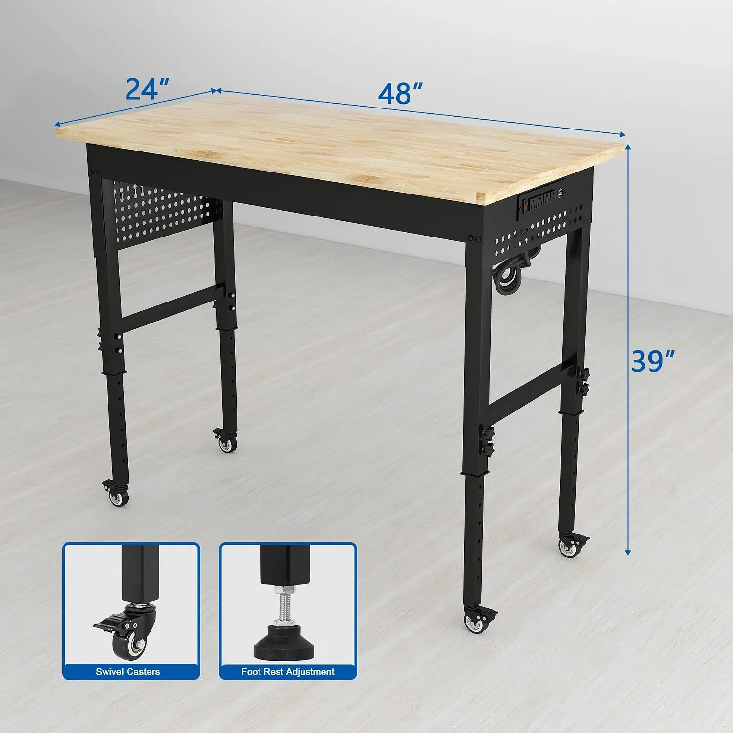 Rolling Garage Workshop Workbench Heavy Duty 48 Inch Rubber Wood Top 1320 Lbs Power Outlets Pegboard Adjustable Height