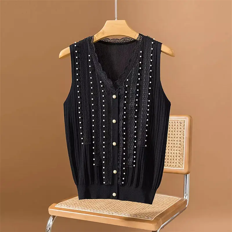 Sweater Vest 2024 Spring/Summer Knitted V-Neck Lace Tank Top For Women Suspended Sleeveless T-Shirt Top Z4987